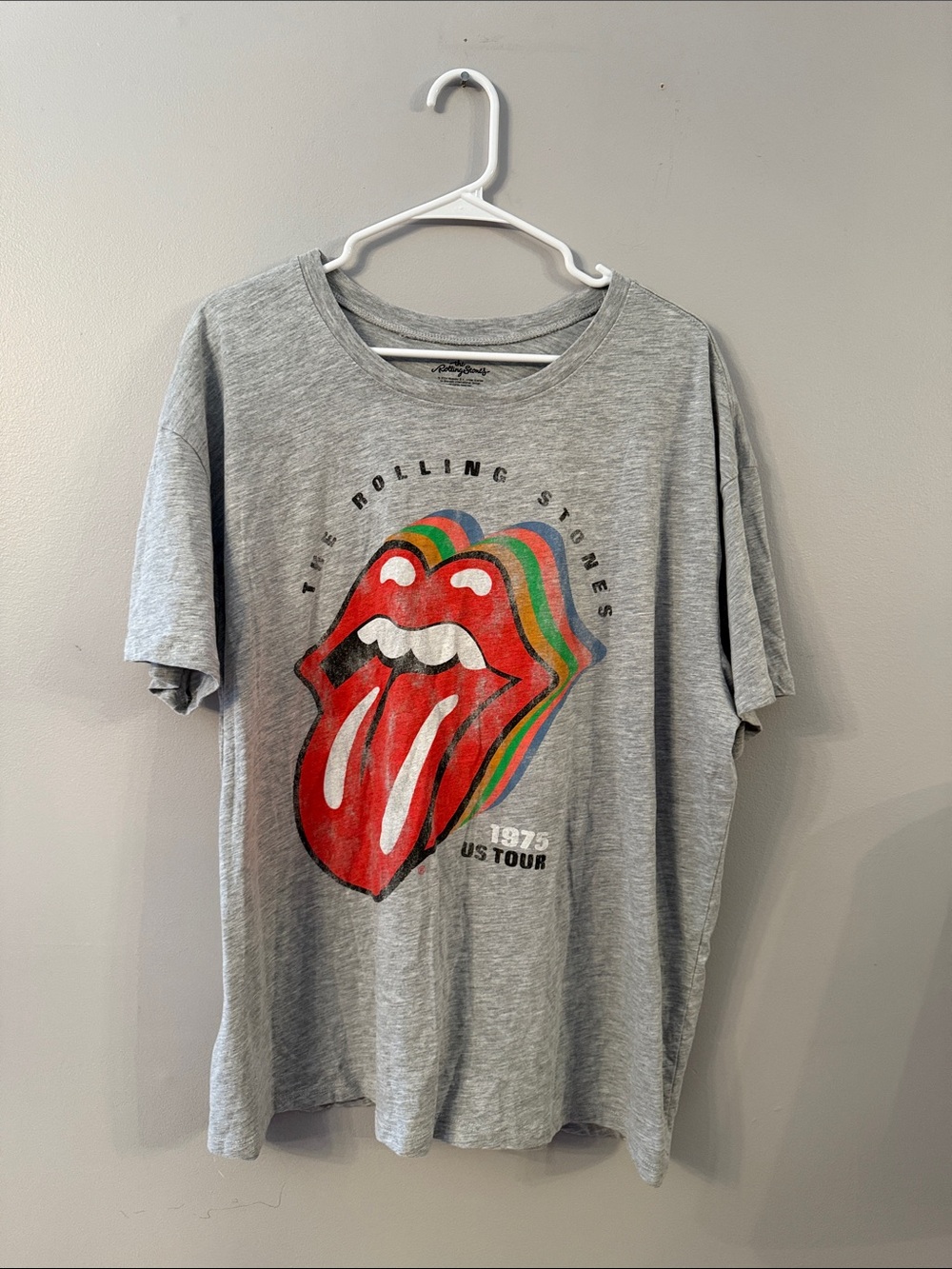the Rolling Stones Gray Tee with Red Tongue and Rainbow Accent